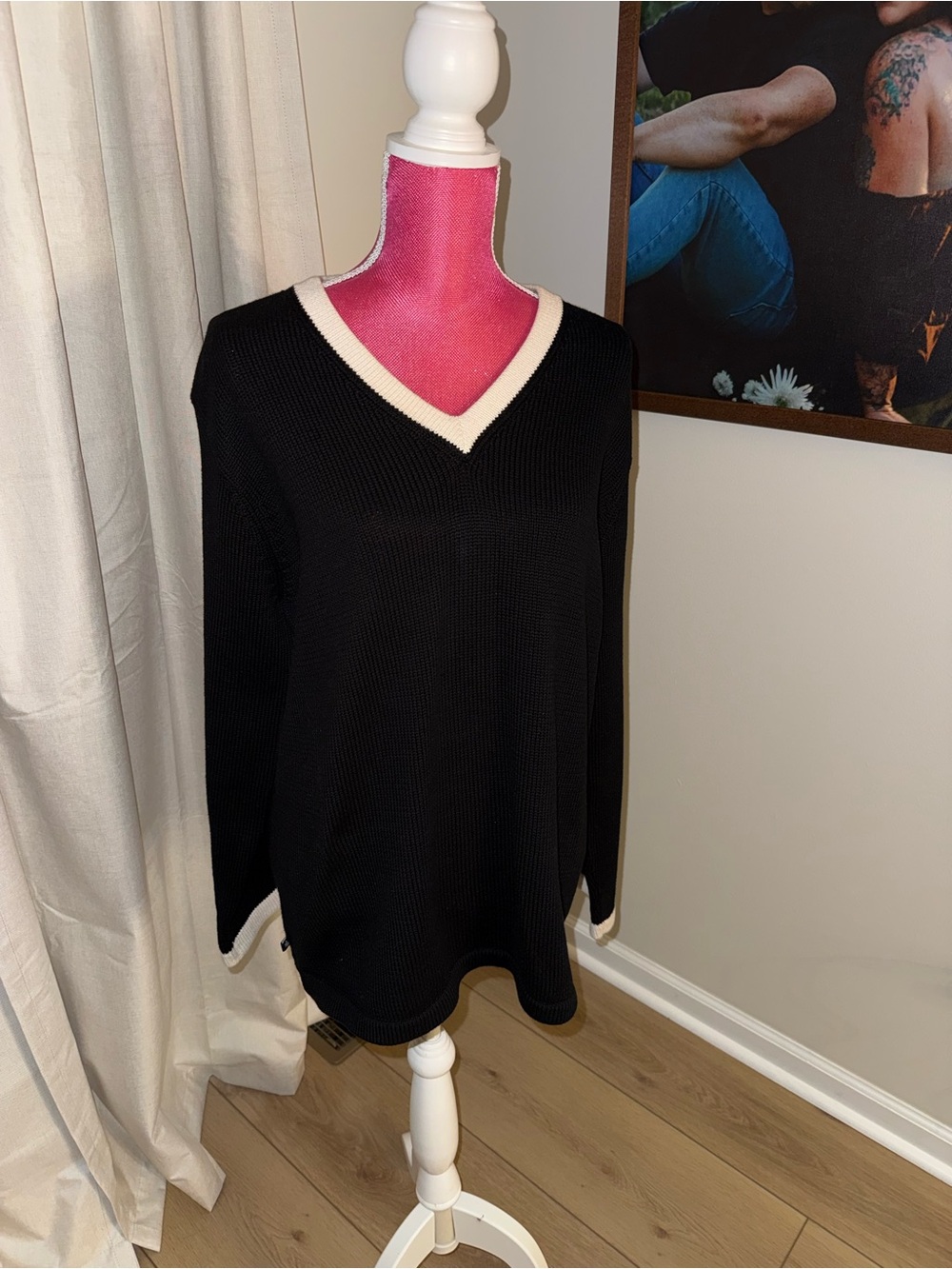 Ralph Lauren Black V-Neck Sweater with Cream Trim